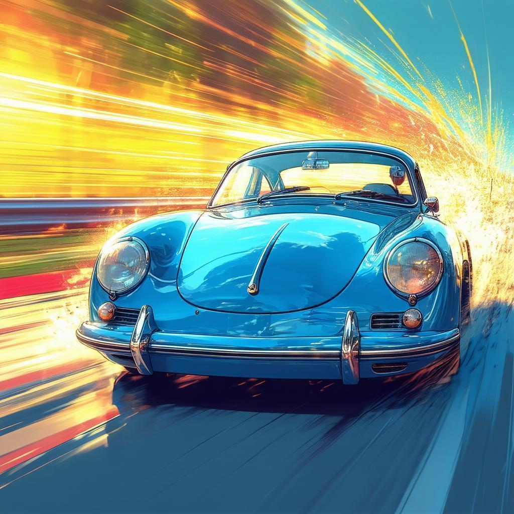 Blue Porsche 356 Racing Through Dramatic Light