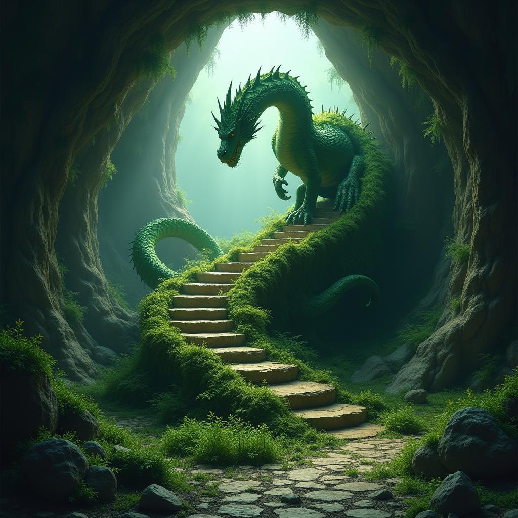 Green Dragon Coiled on Mossy Cave Stairs