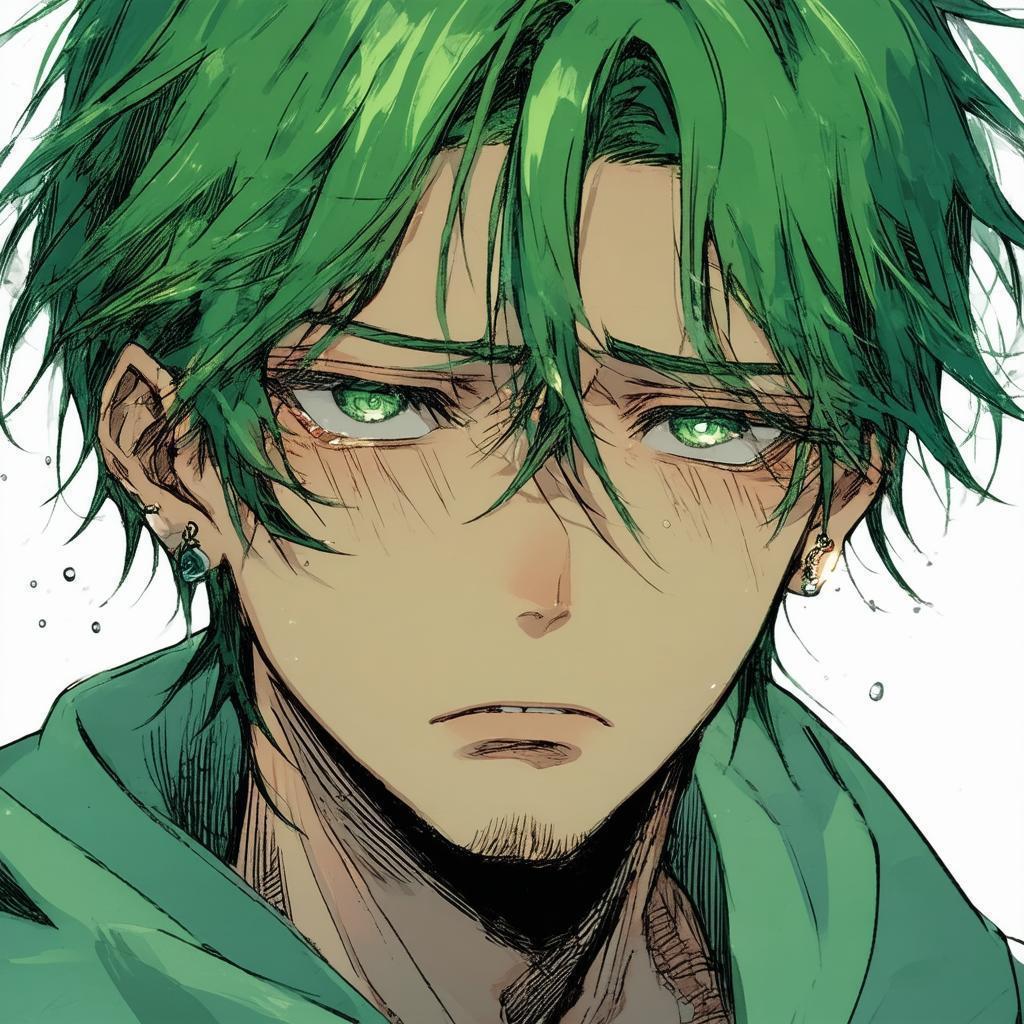 Sad Green Haired Man in Detailed Manga