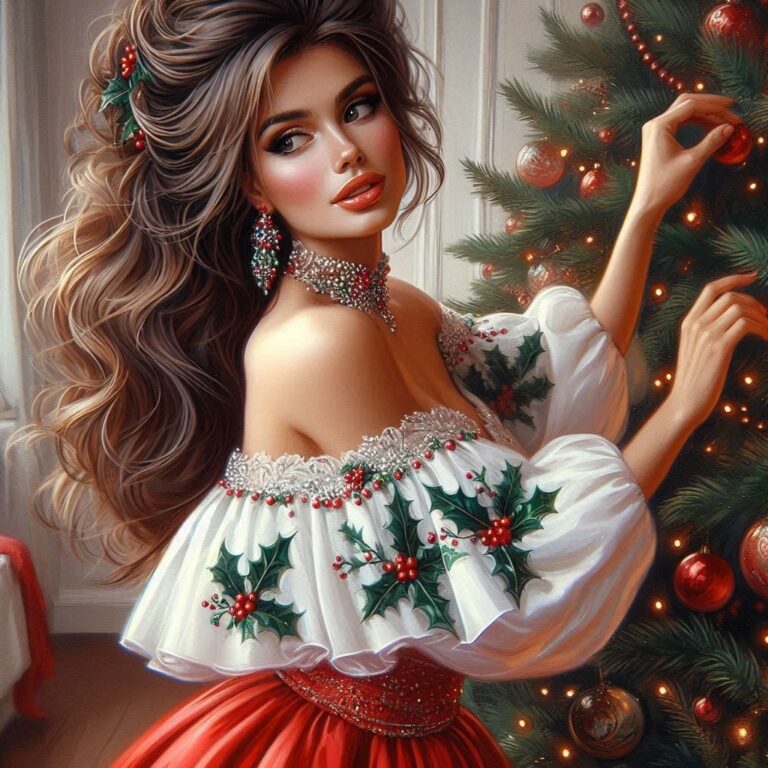 Elegant Woman in Holly-Themed Christmas Outfit