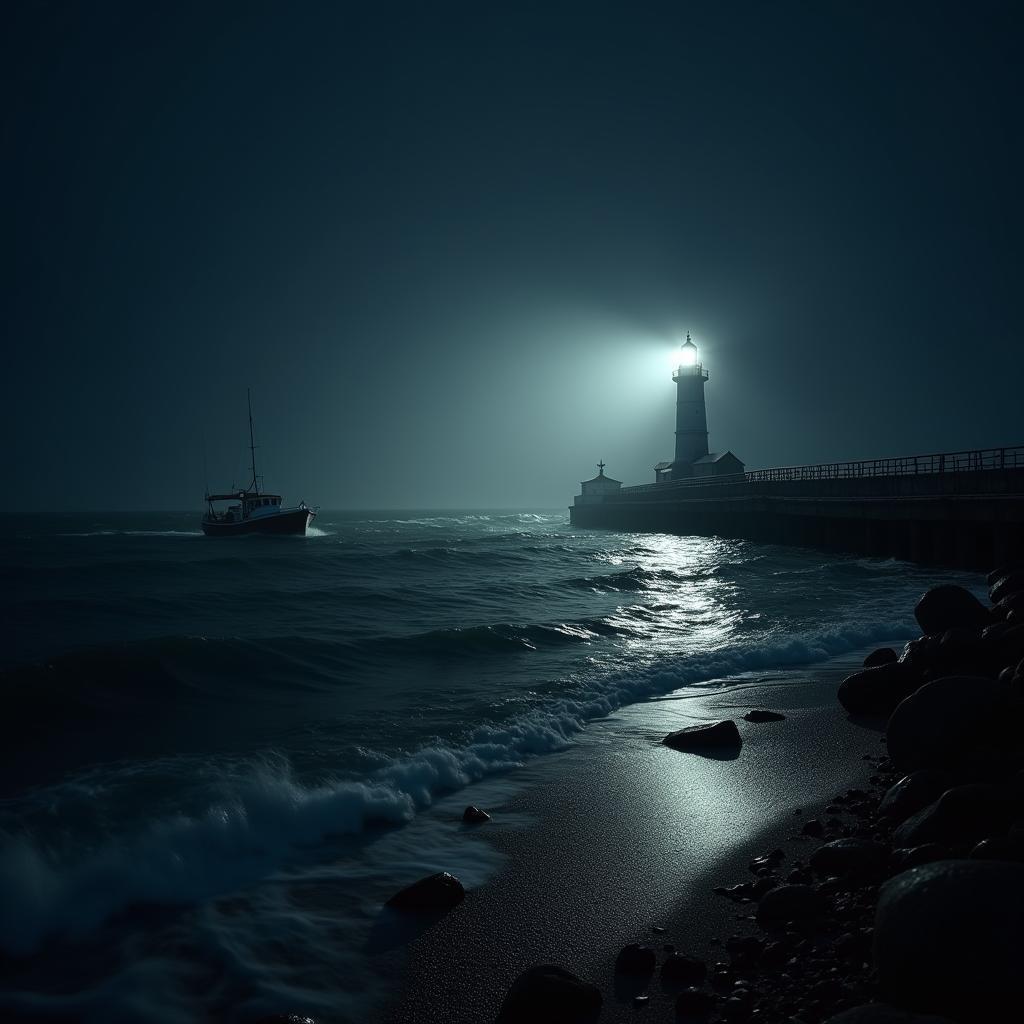 Lighthouse Beam Over a High Contrast Night Sea