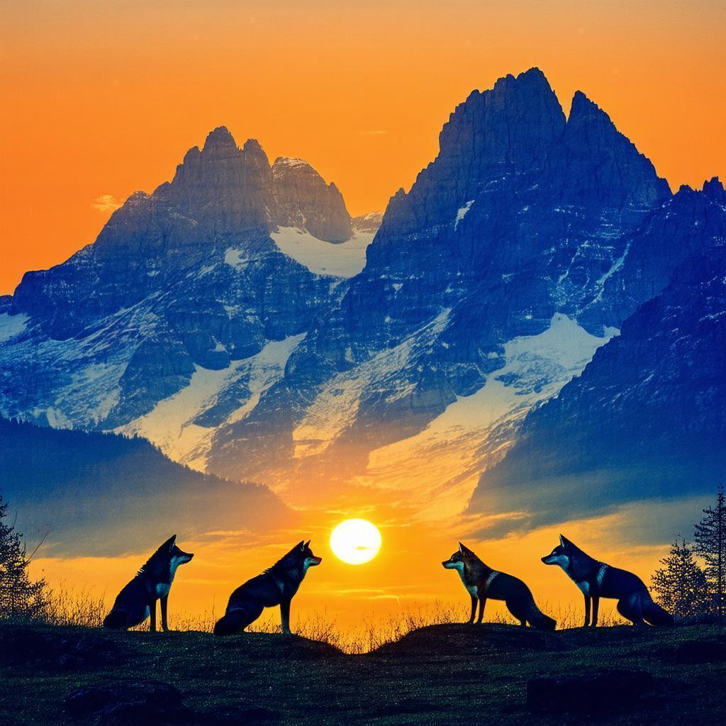Wolves and Foxes Beneath a Mountain Sunset