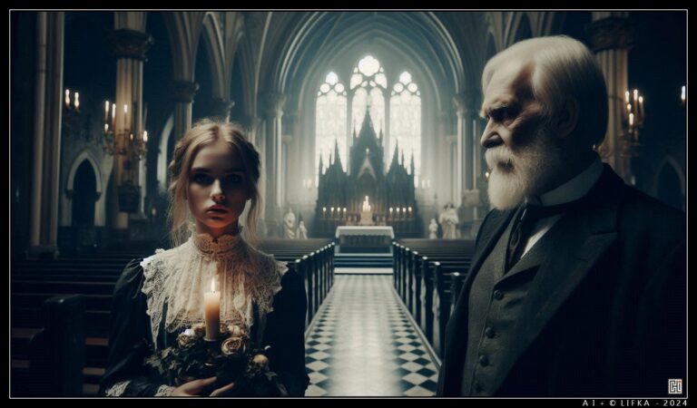 Hyperrealistic Horror Scene in Gothic Church