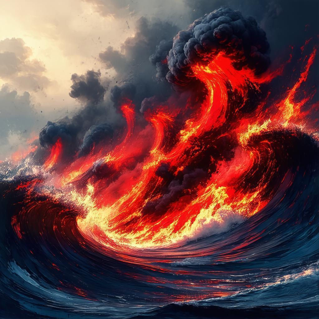 Churning Flaming Red Sea in Ghibli Style