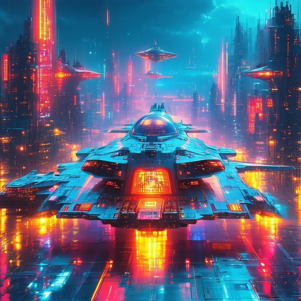 Neonpunk Spaceship Armada Over Glowing City