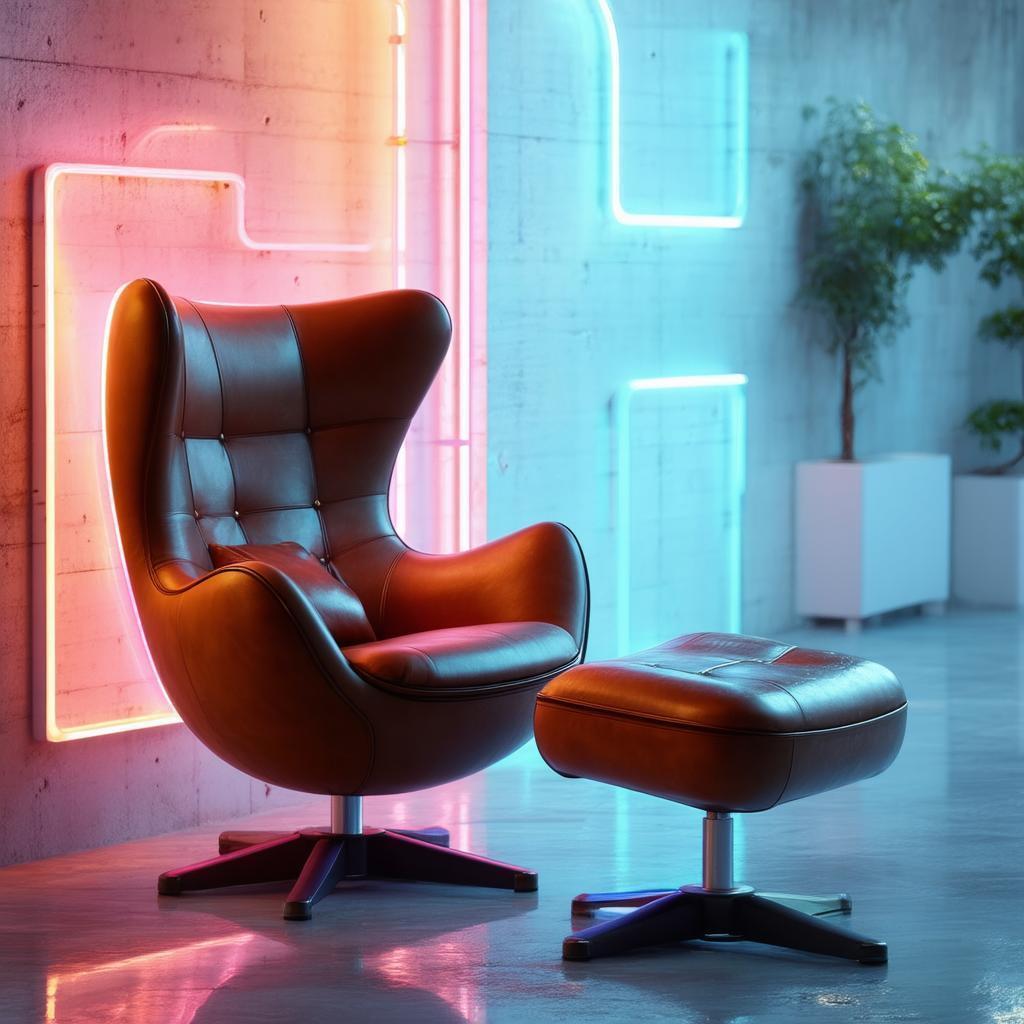 Neon Lit Leather Egg Chair and Ottoman