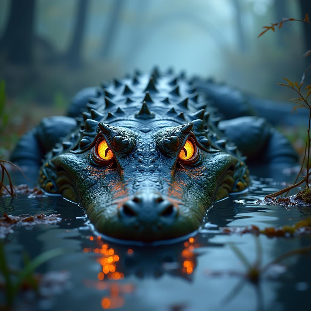 Ancient Eyed Crocodile in Misty Swamp Fantasy