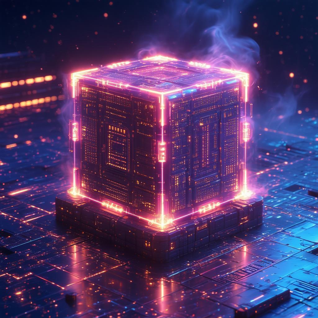 Glowing Neon Cube Adrift in Cyber Cosmos
