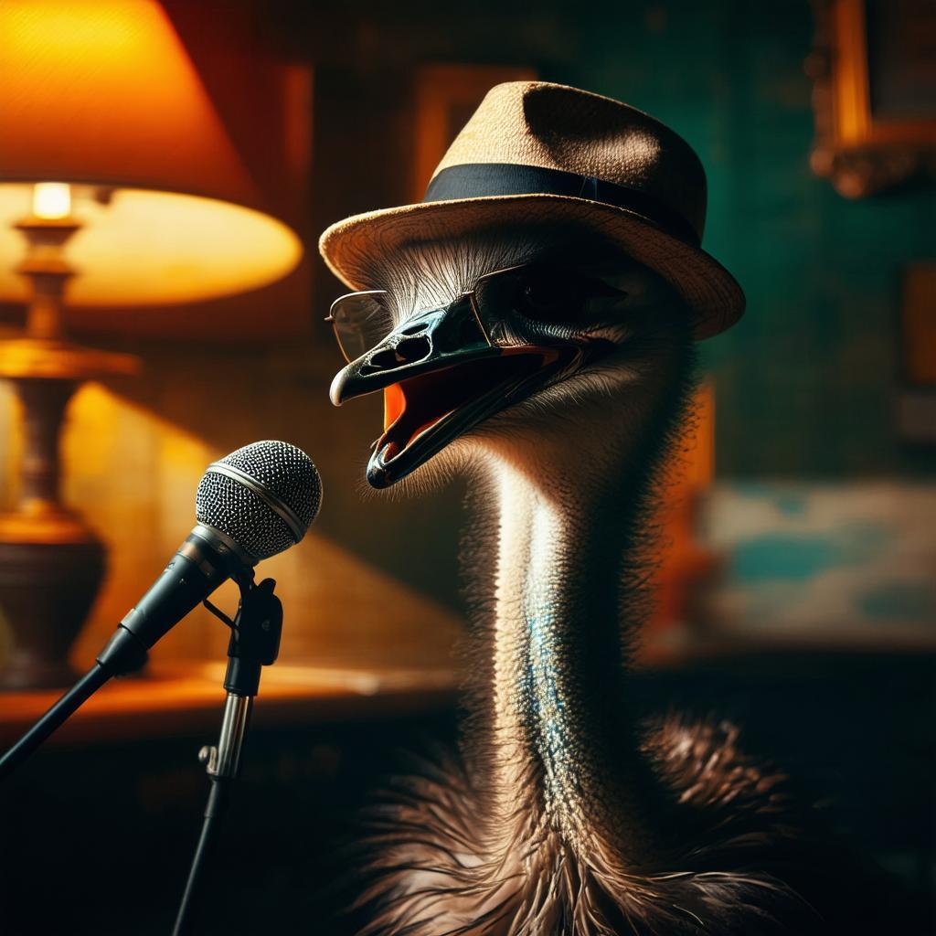 Fedora Ostrich Crooning Into a Vintage Microphone