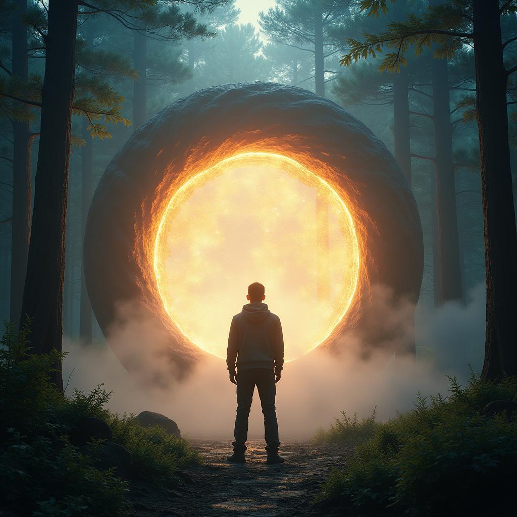 Man Before a Glowing Portal in Mystic Forest
