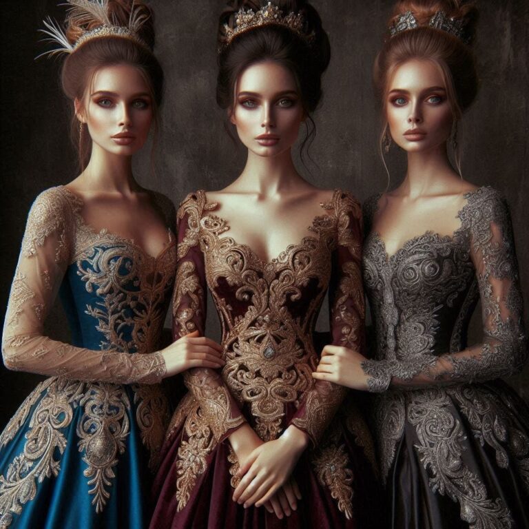 Elegant Women in Elaborate Gowns with Gold Details