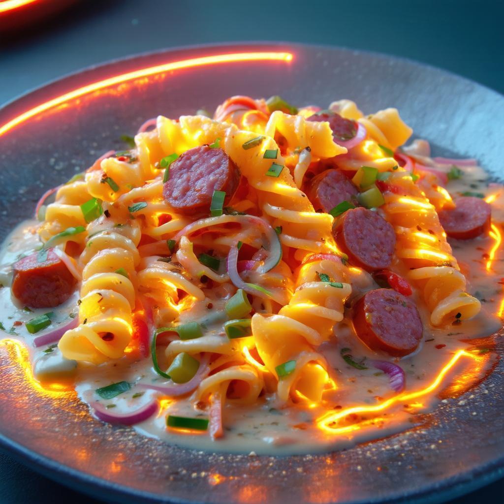 Neonpunk Spiral Pasta With Glowing Sausage