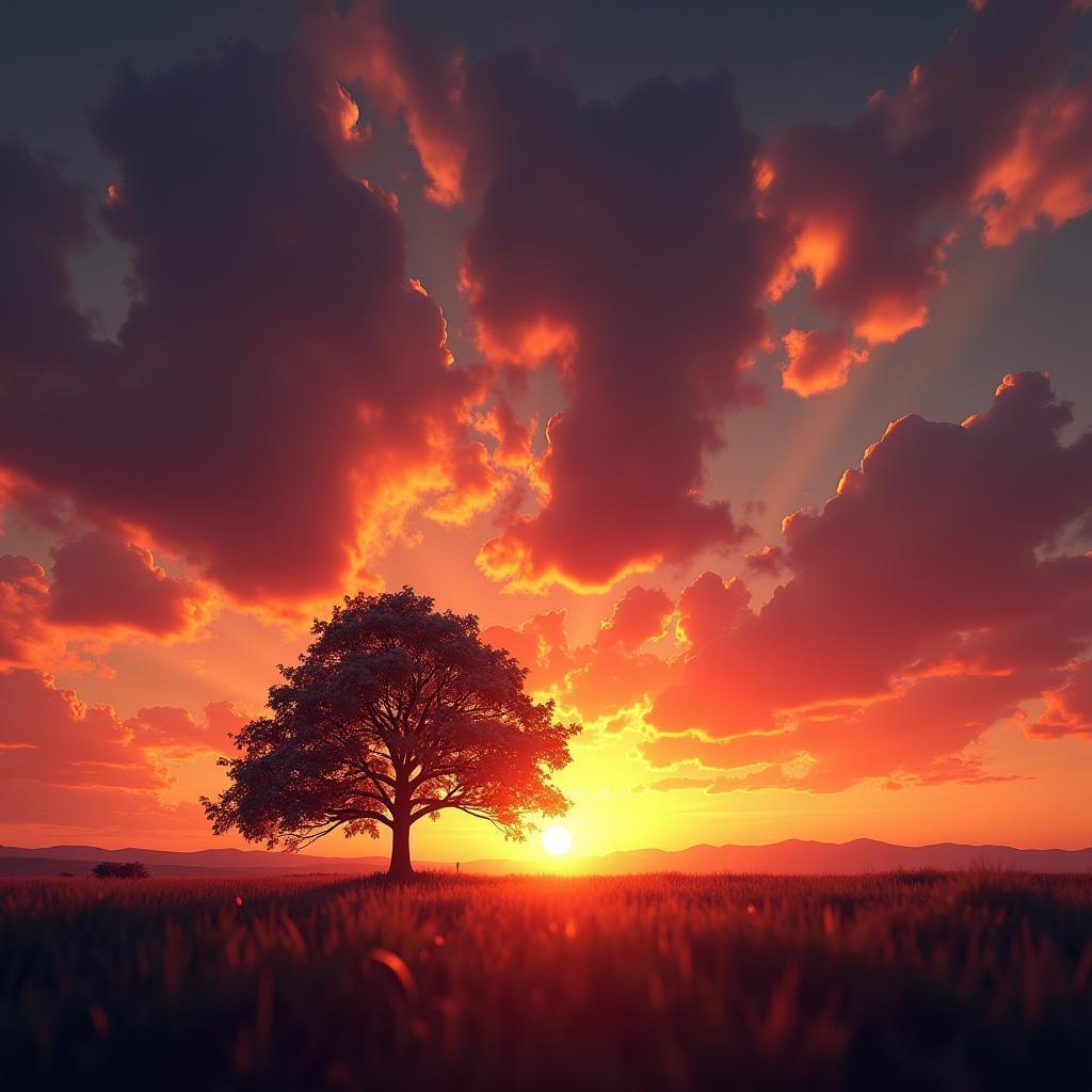 Dark Tree Silhouette Against 3D Sunset