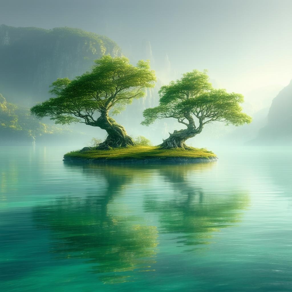Twin Ancient Trees Mirrored on Mystic Waters