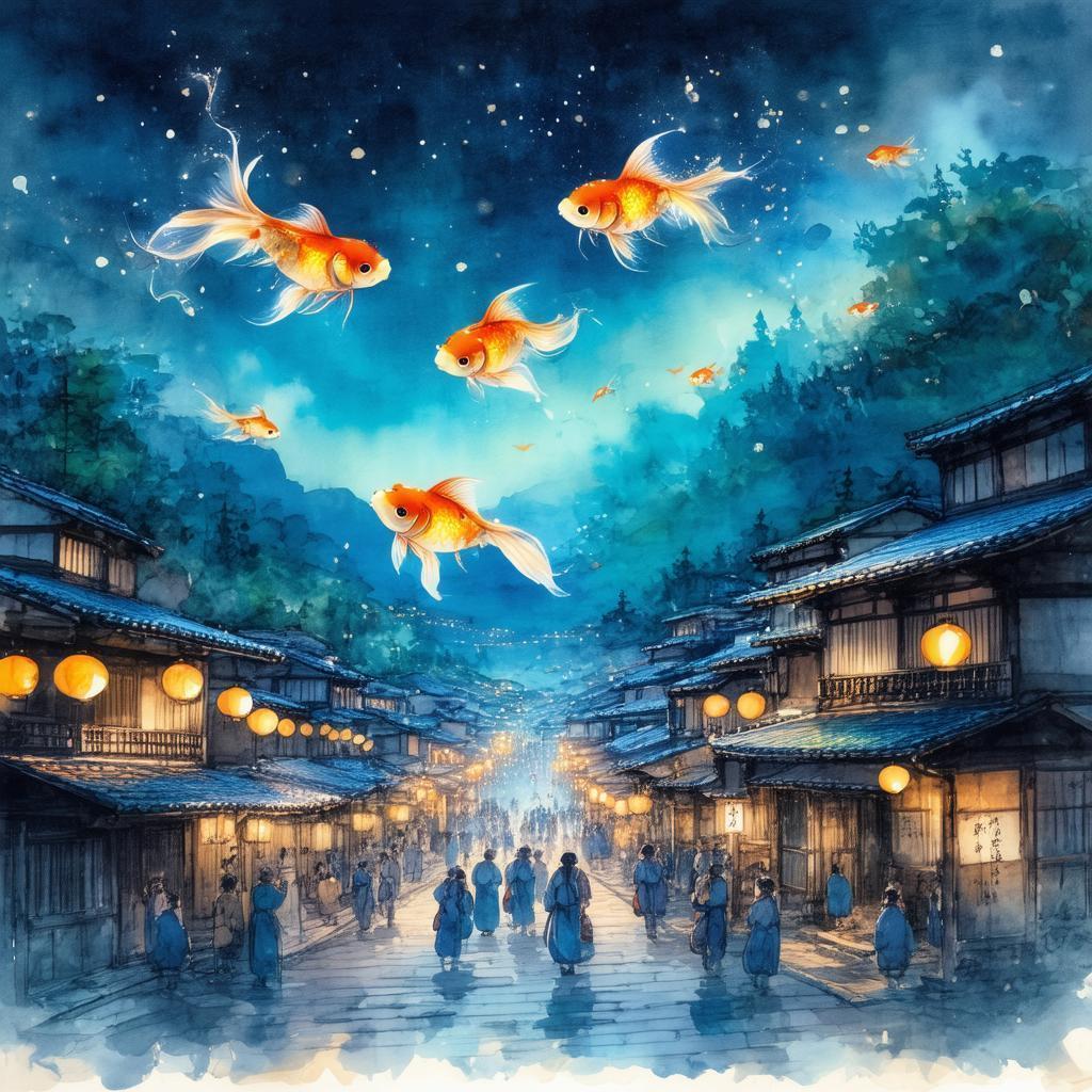 Glowing Goldfish Soar Above a Japanese Town