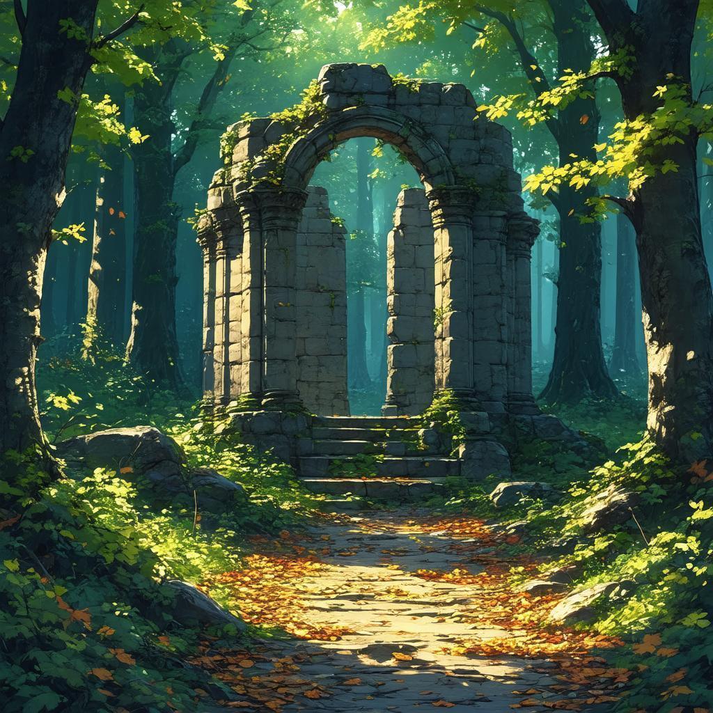 Hand Drawn Forest Ruin in Autumn Leaves
