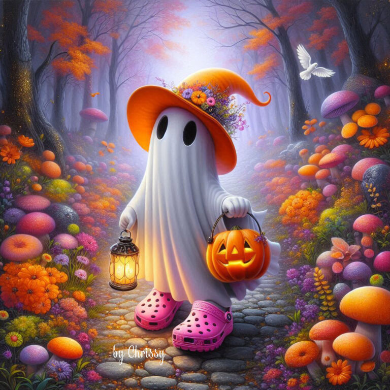 Whimsical Ghost with Pumpkin and Lantern