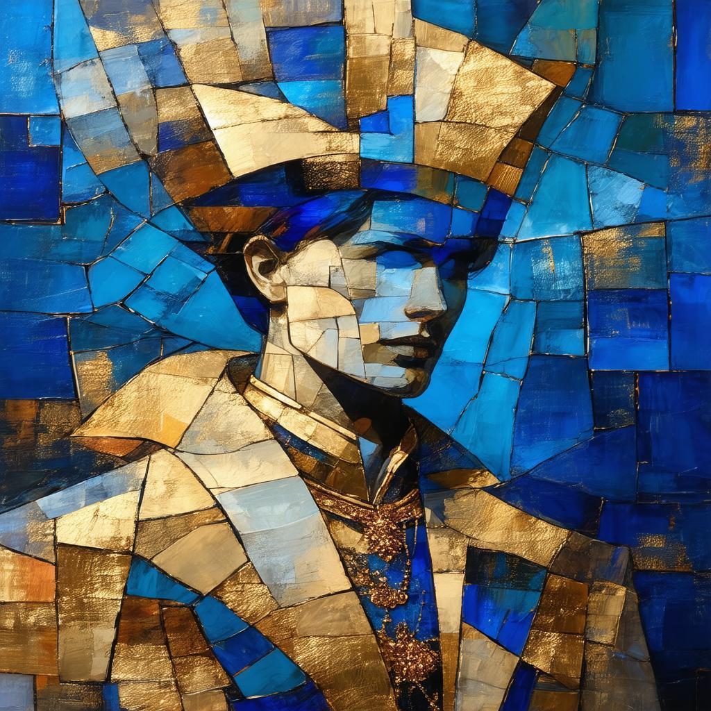 Regal Cubist Portrait in Gold and Blue