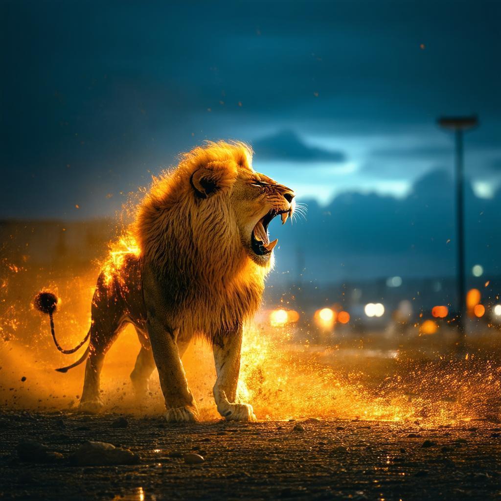 Golden Lion Roaring in the Urban Savanna