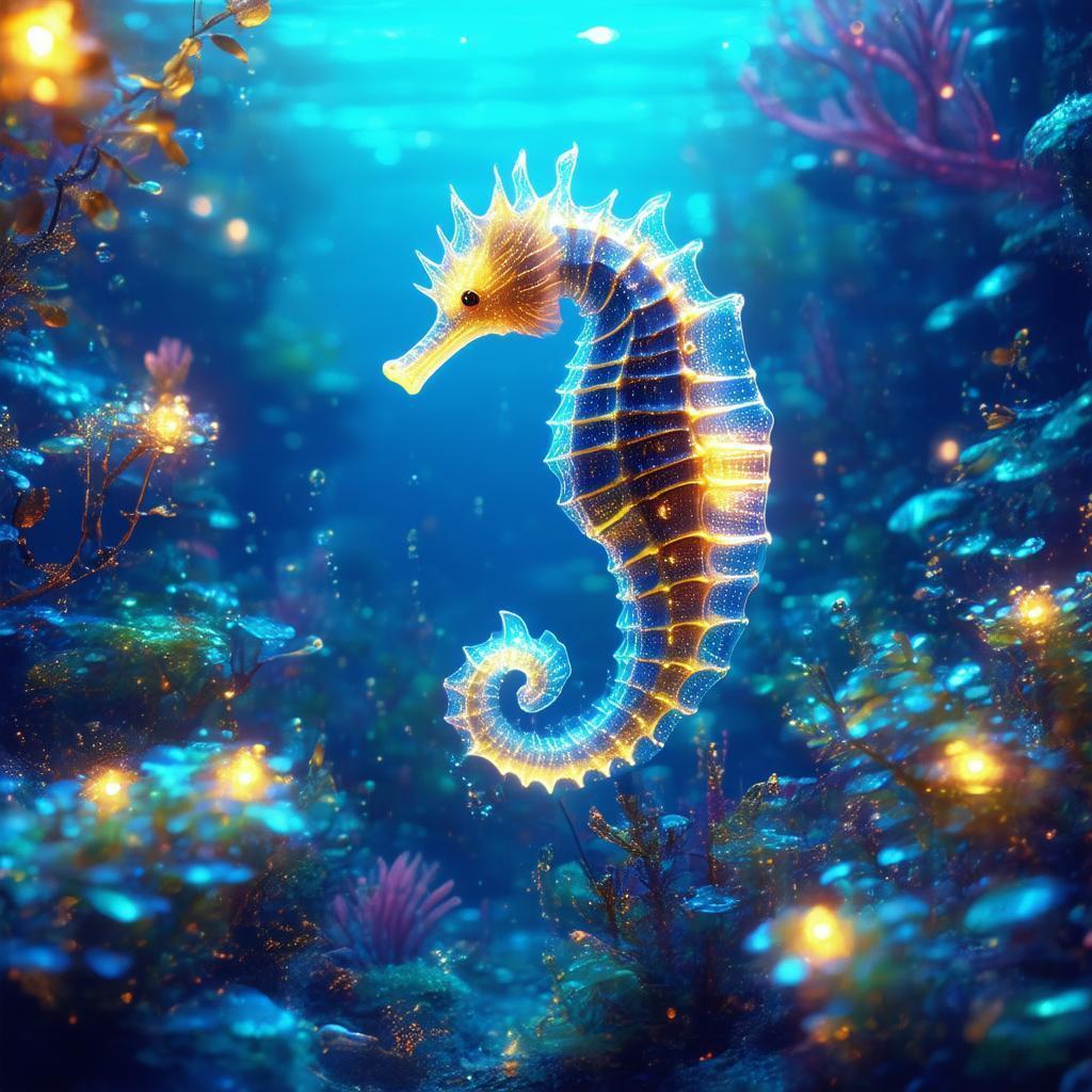 Neon Seahorse Gliding Through Electric Blue