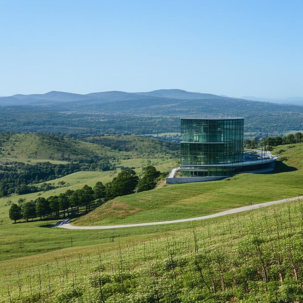 Glass Building Rising From Serene Green Hills