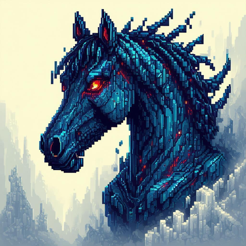Pixel Tattoo of a Haunting Kelpie Horse