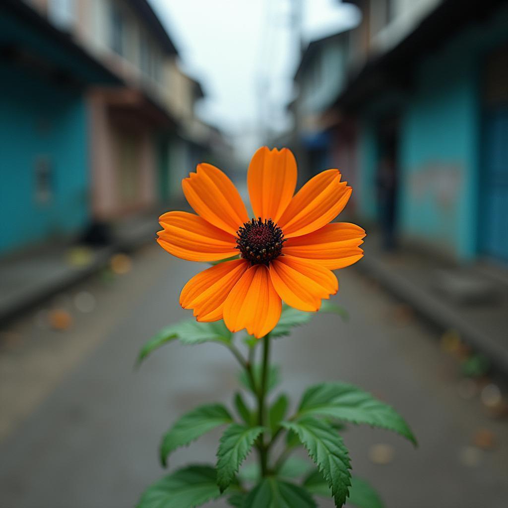 Orange Bloom Amid Blue Urban Webs