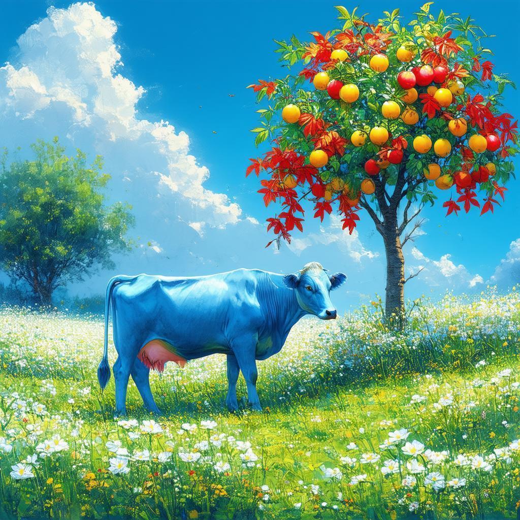 Blue Cow Beside a Red Leafed Tree