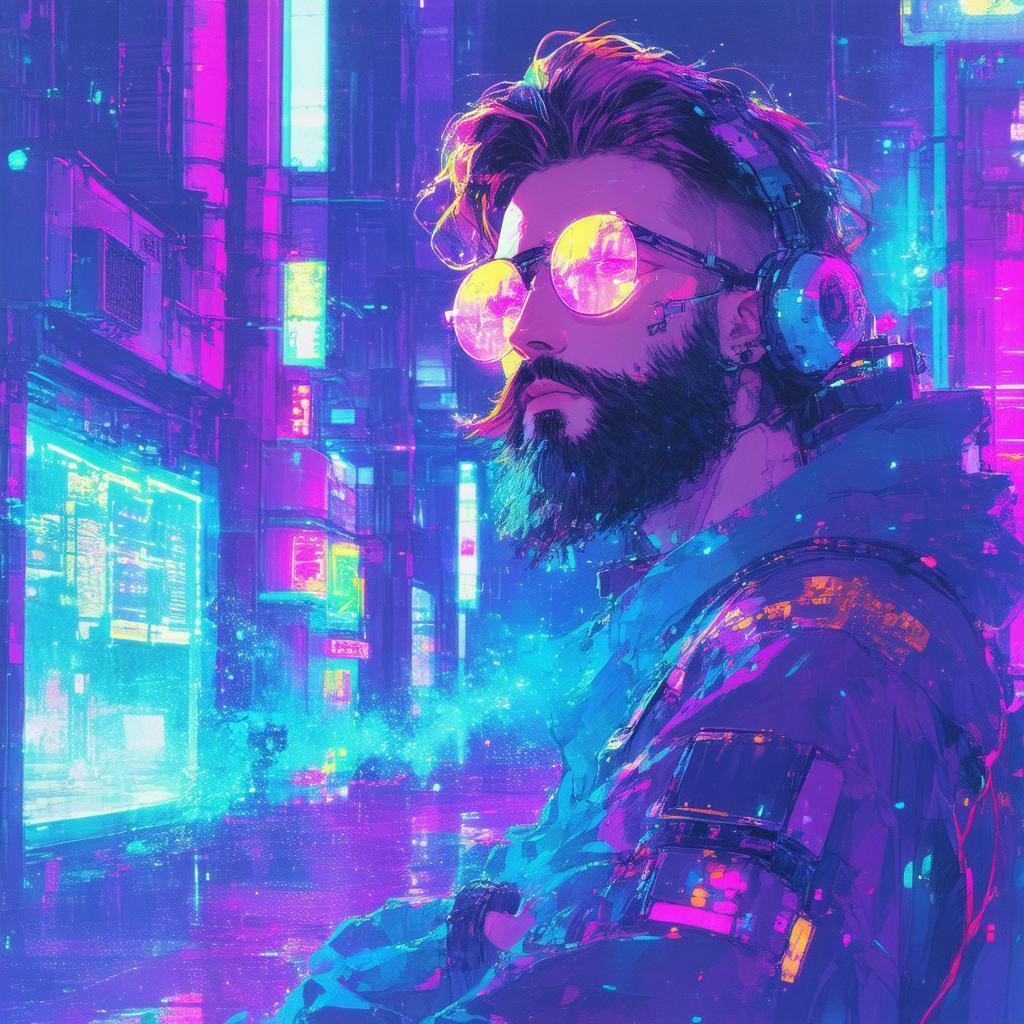 Bearded Cyberpunk Dreamer in Lofi Ghibli Style