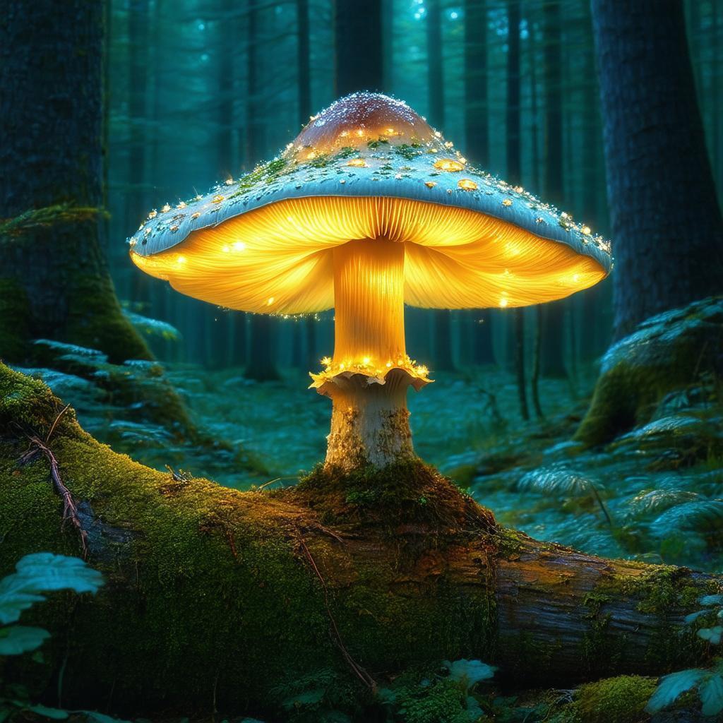 Luminous Mushroom on a Mossy Ancient Log