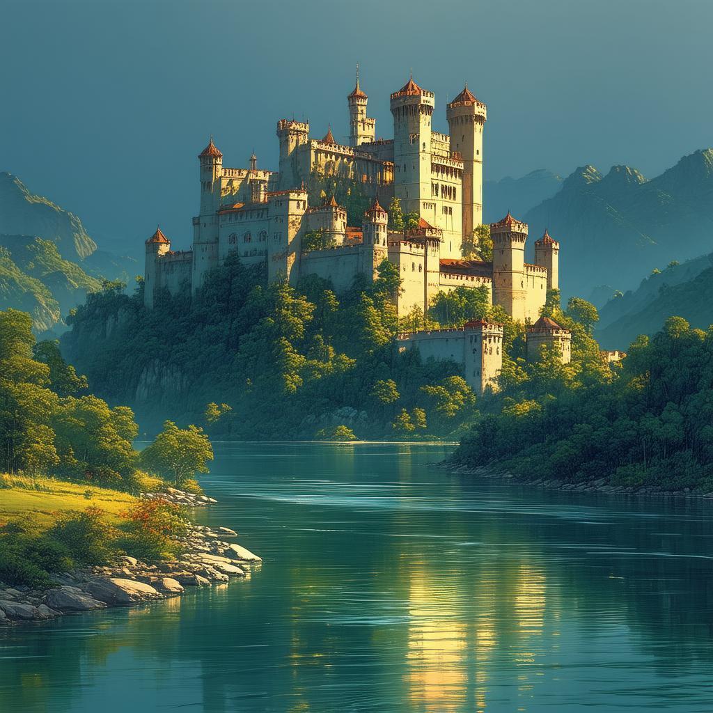 River Castle at Golden Hour in Manga