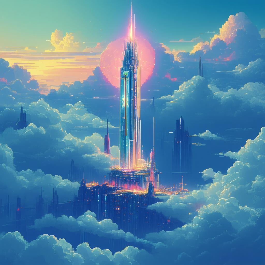 Chrome Pixel Tower Rising From Clouds