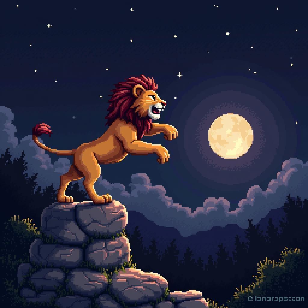Pixel Lion Leaping From a Night Stone