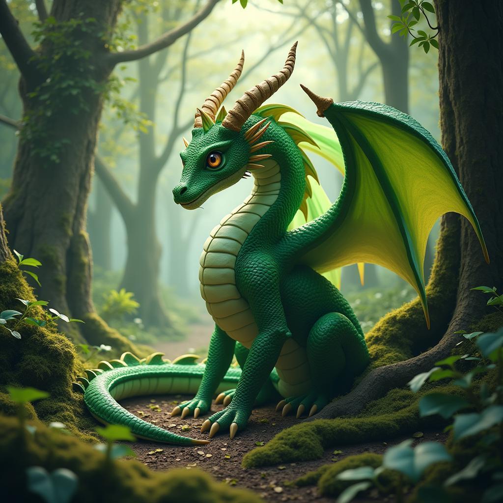 Luminous Green Dragon Entwined With Nature