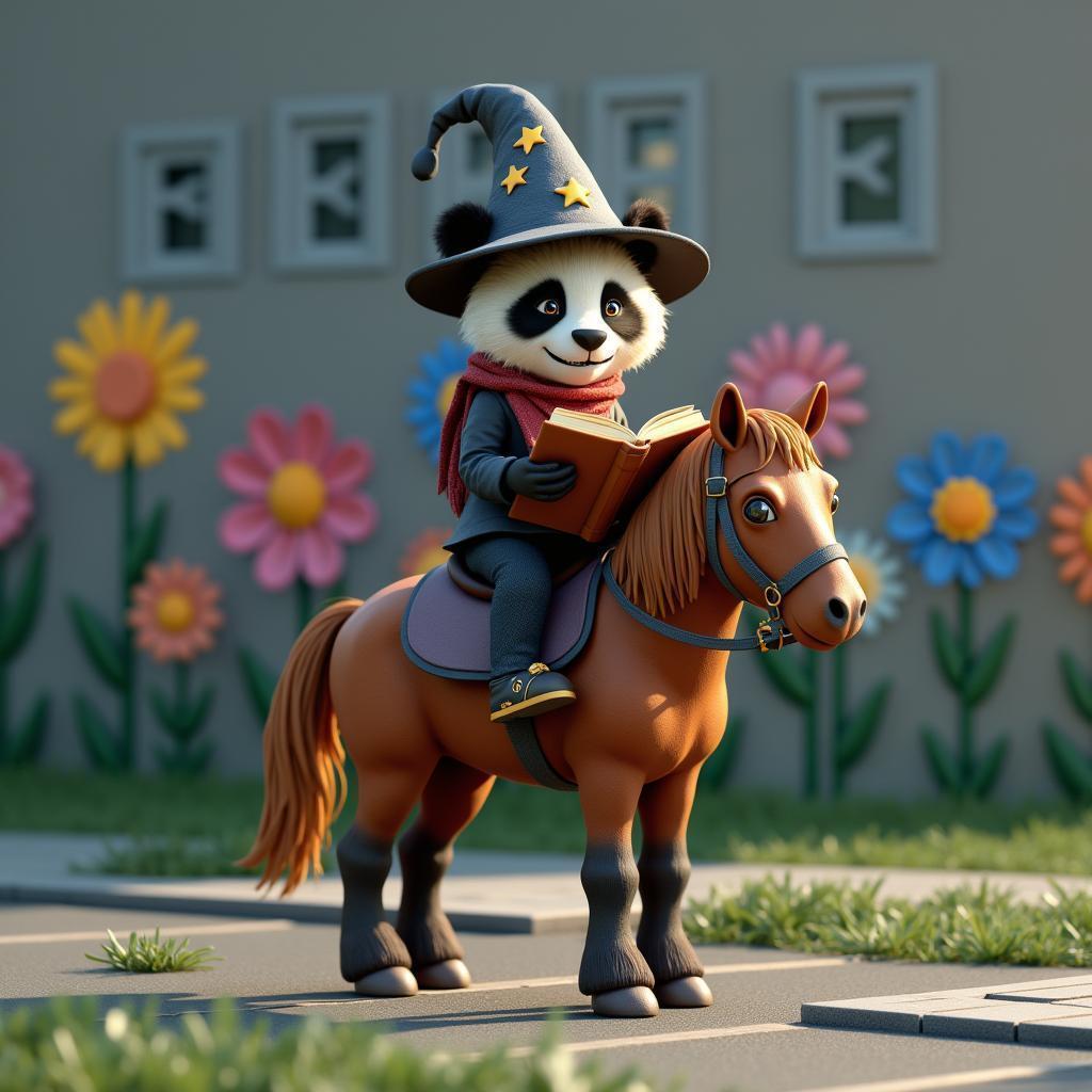 Wizard Panda Reading Atop a Street Horse