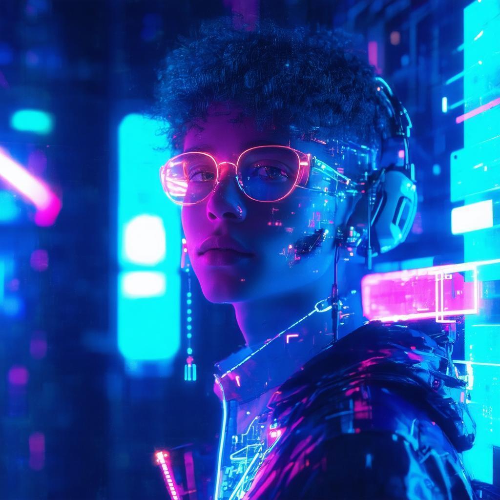 Young Explorer Lit by Neon Interfaces
