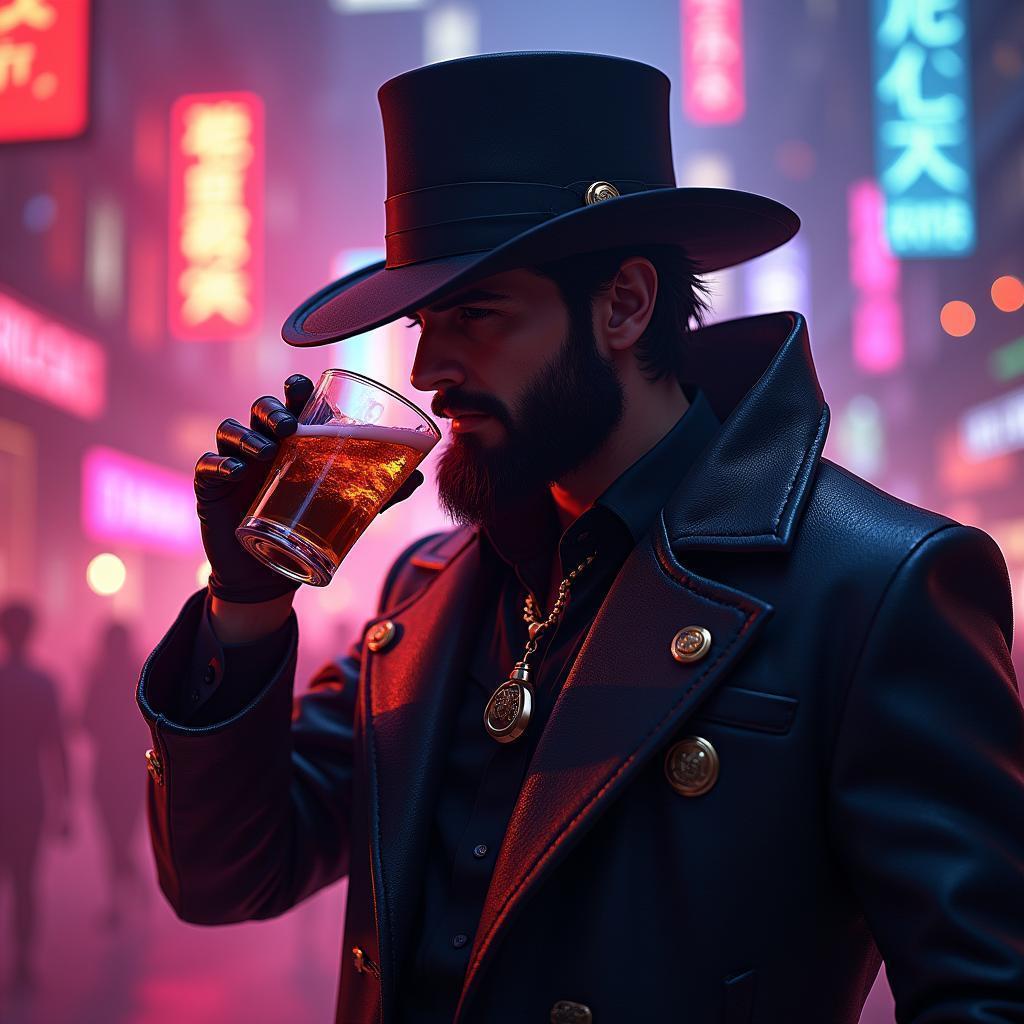 Neonpunk Magician Toasting in Electric Fog