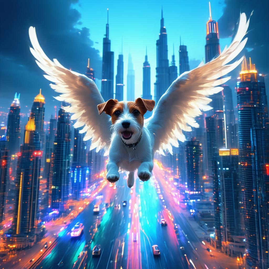 Winged Jack Russell Over Neon Dubai