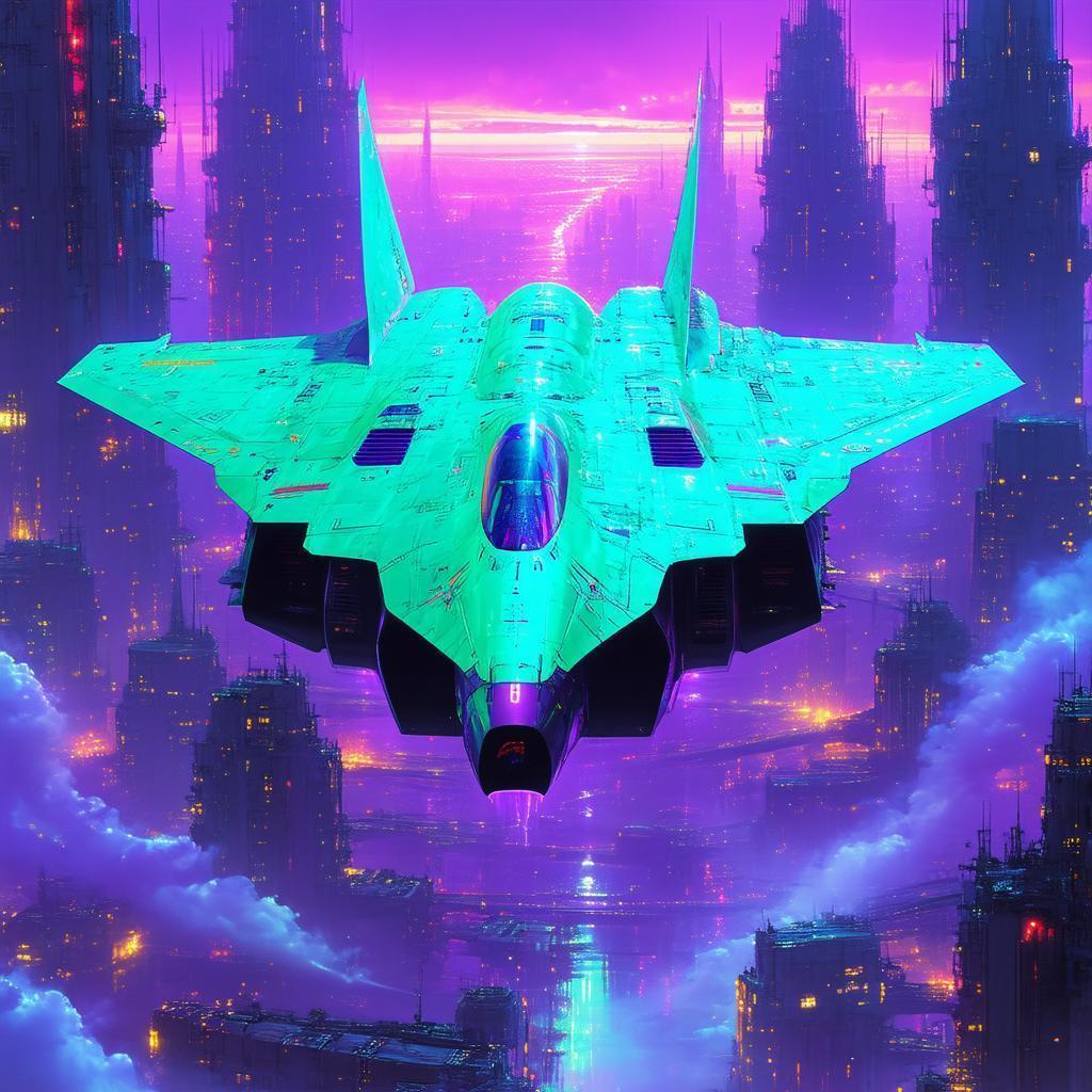 Neon Purple Alien Jet Over Ruined City