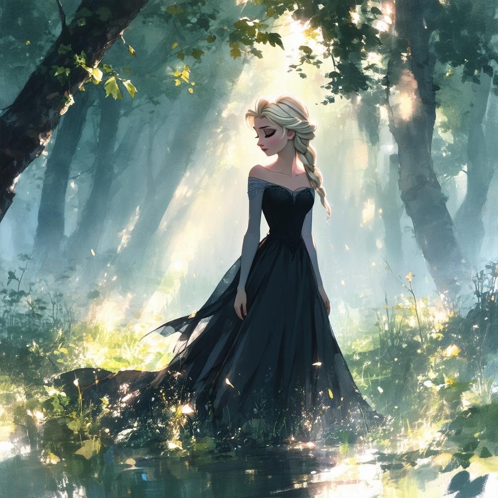 Somber Elsa in a Foggy Ghibli Dawn