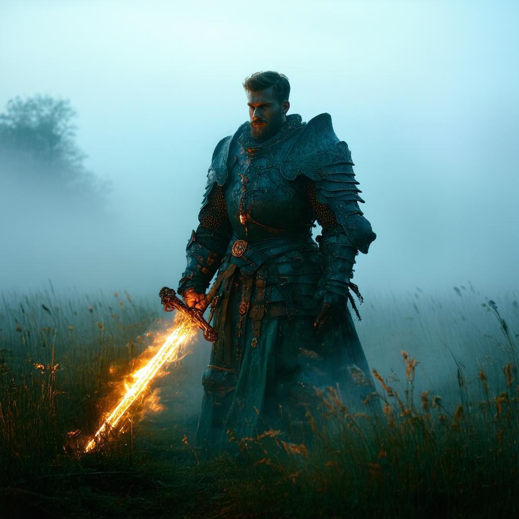 Armored Warrior Meets Baba Yaga in Mist