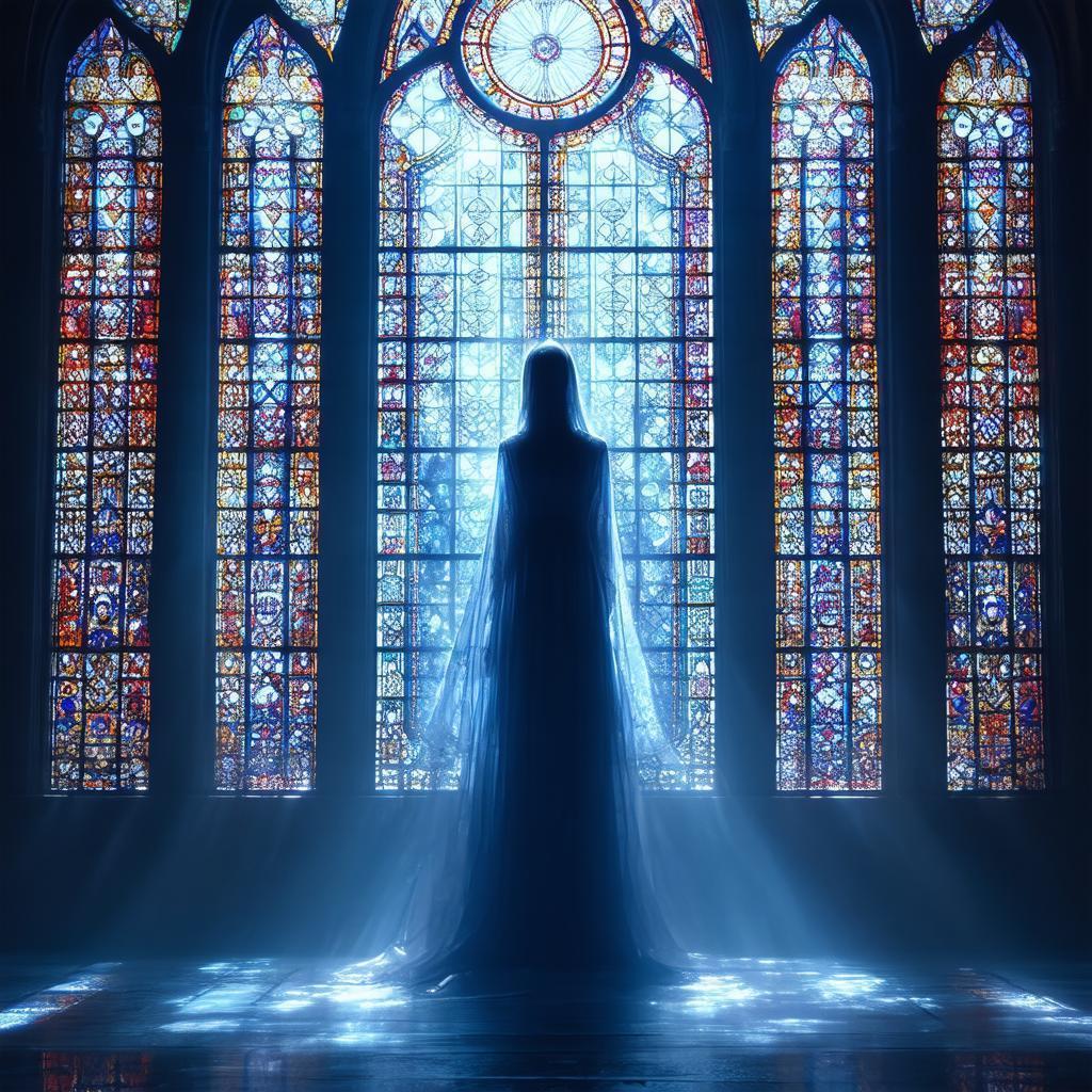 Ethereal Figure Before Stained Glass Light