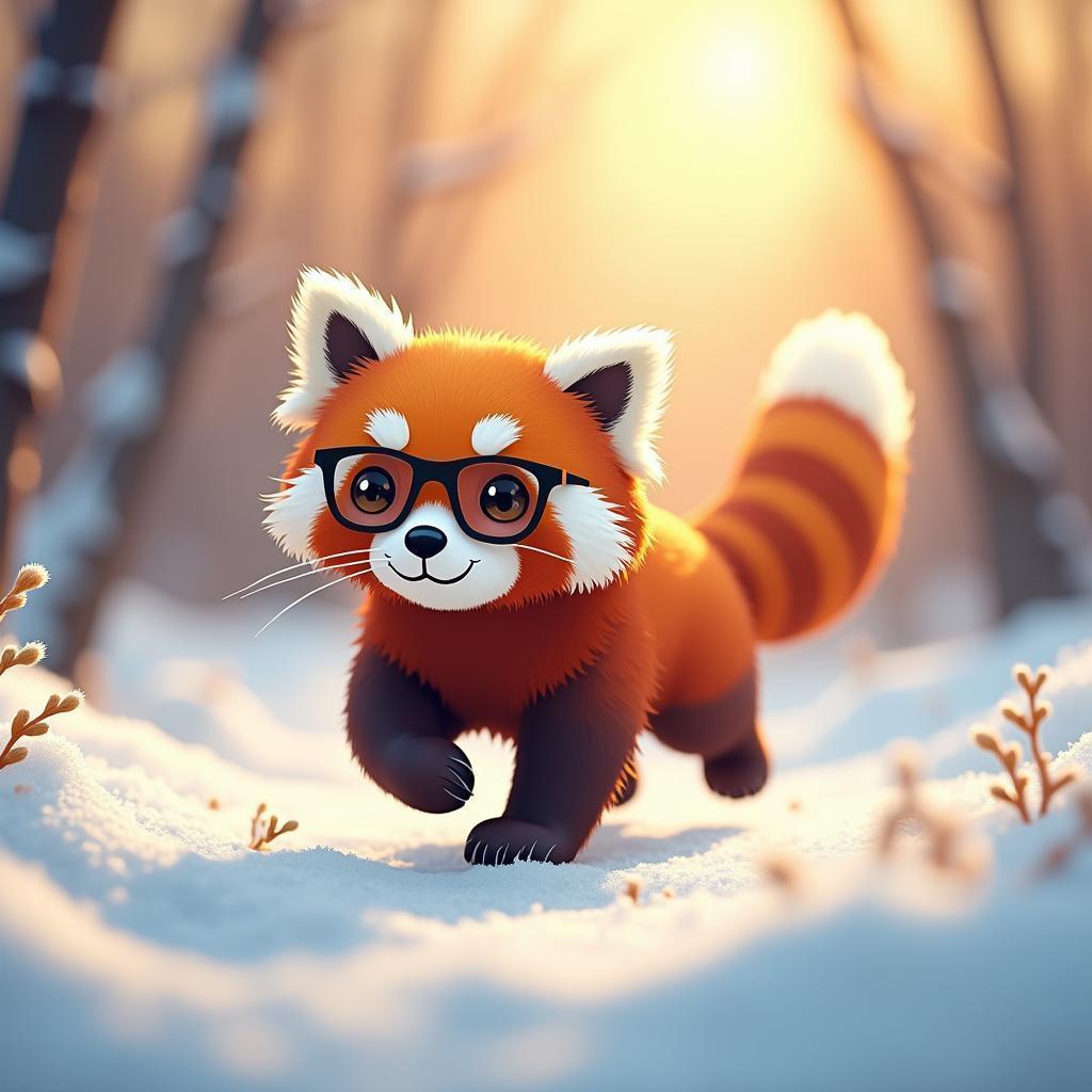 Spectacled Red Panda in Golden Snowlight