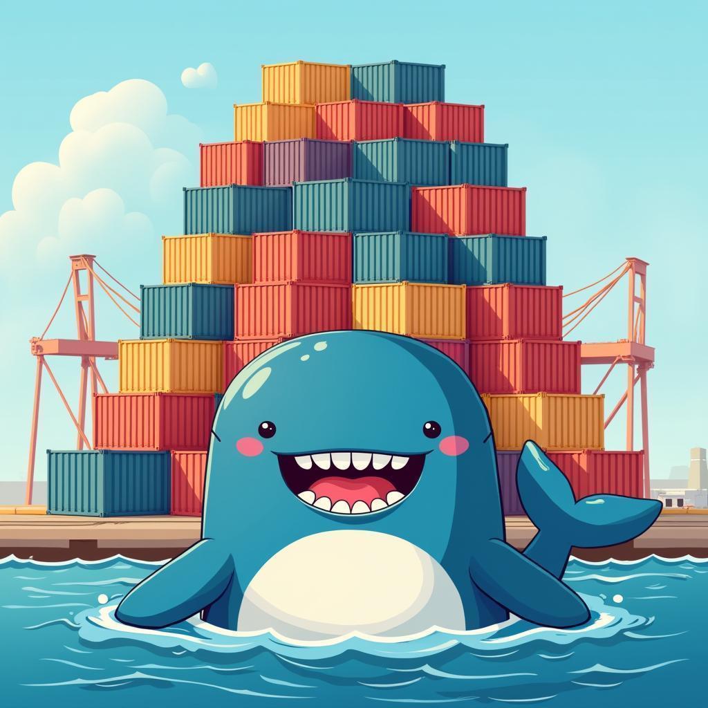 Joyful Whale Before Stacked Port Containers
