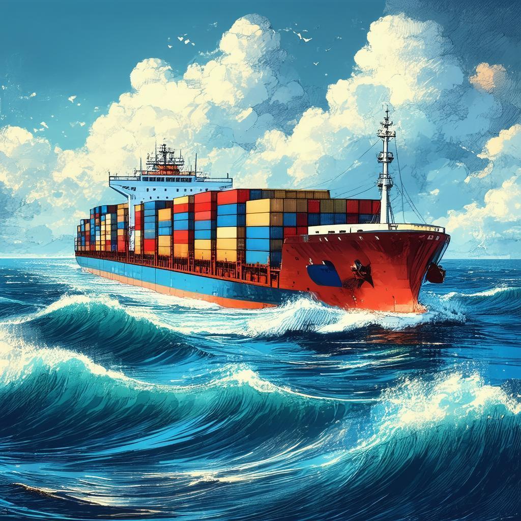 Cargo Ship Crossing Hand Drawn Waves