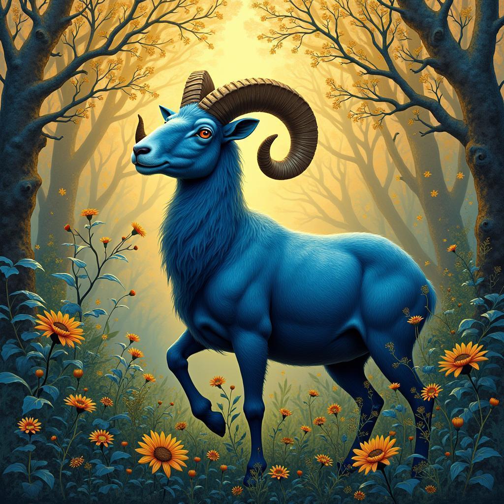 Majestic Blue Ram in a Golden Garden