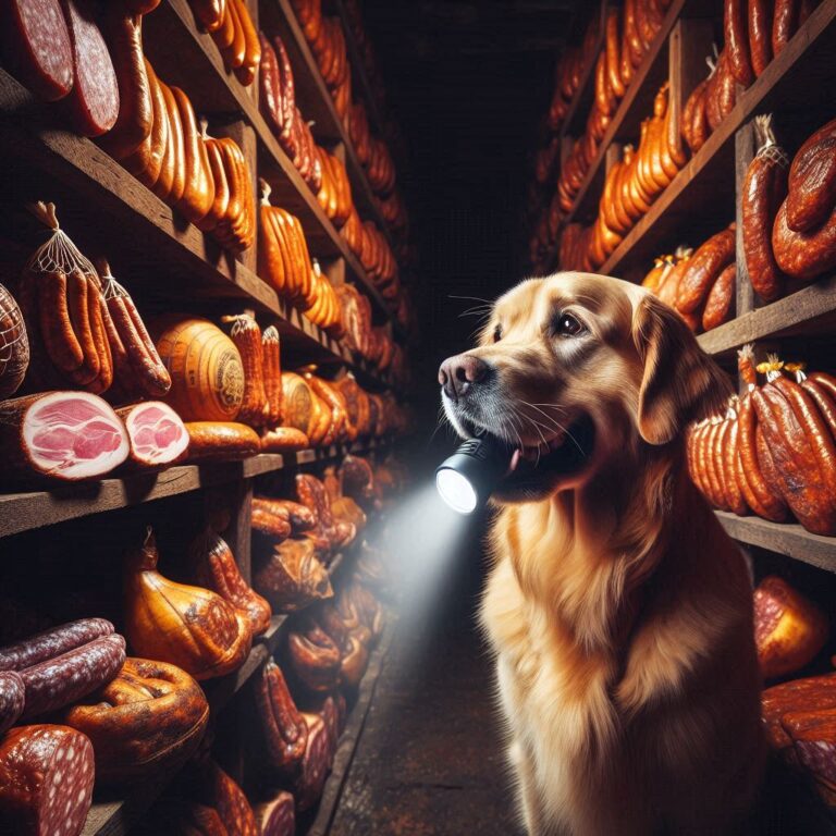 Dog with Flashlight in Dark Cellar