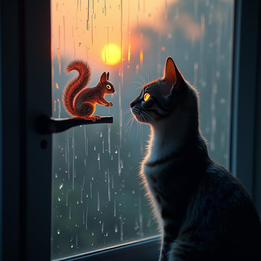 Neon Cat Watching a Holographic Squirrel