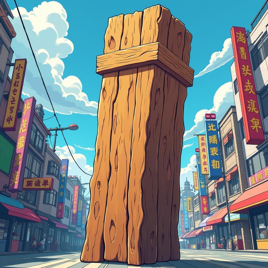 Anime Wooden Post Against Bustling City