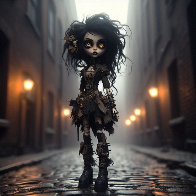 Gothic Doll Character in Foggy Alley